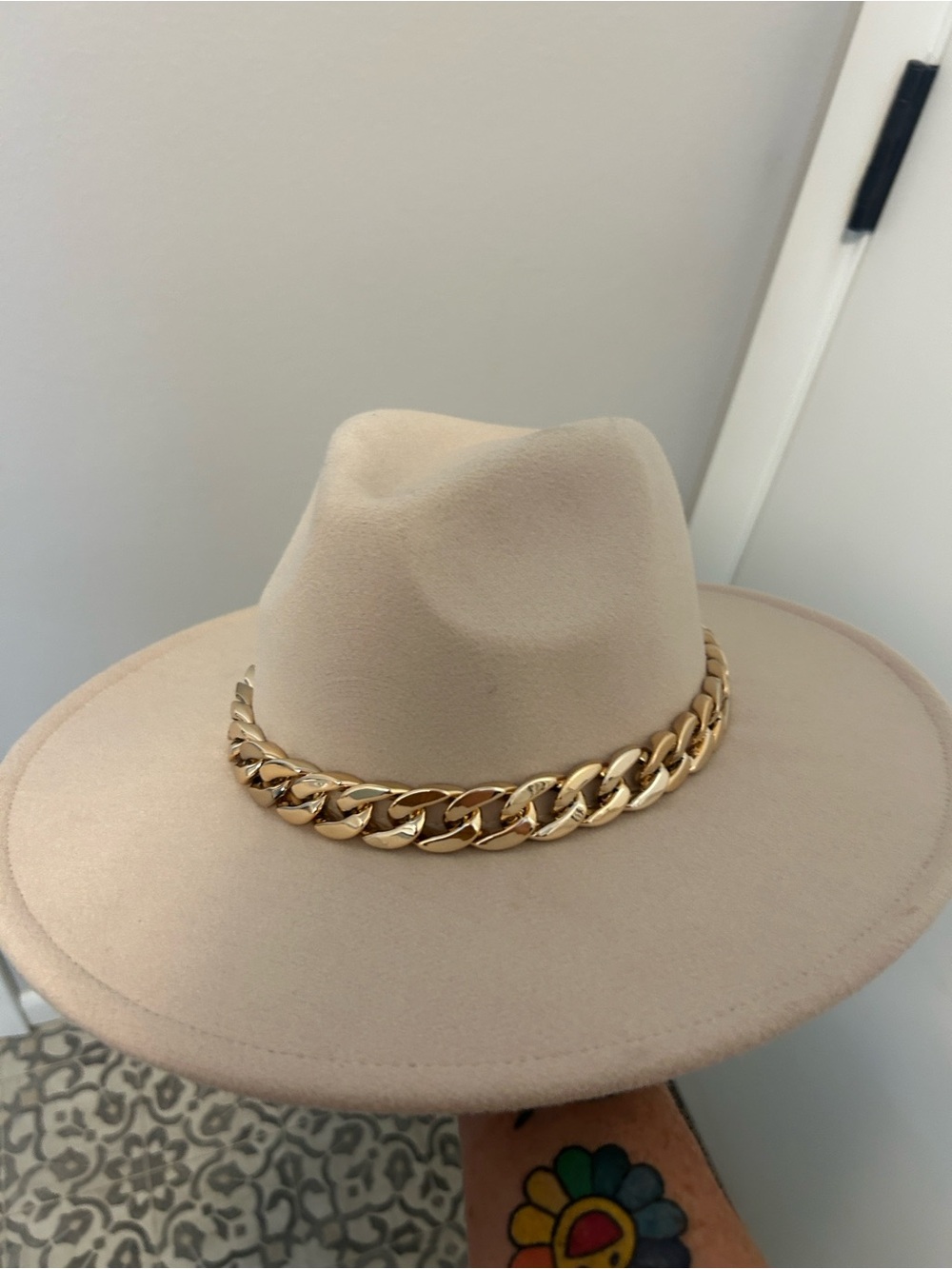 Red Dress Boutique Cream Felt Fedora with Gold Chain